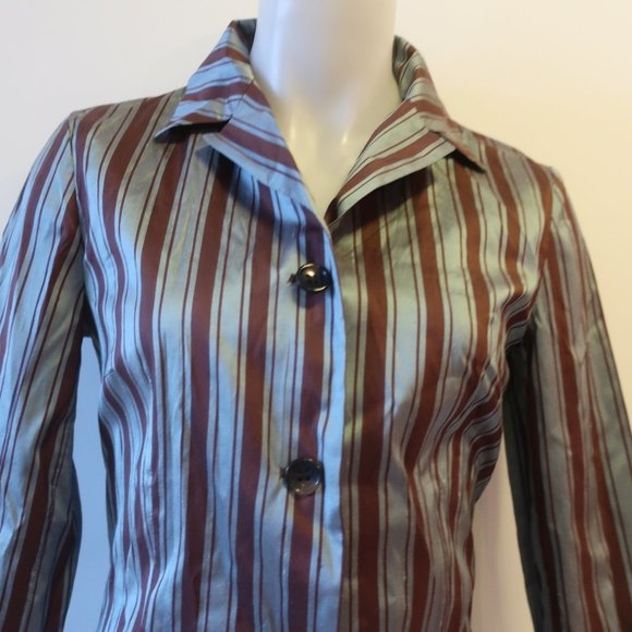 WOMENS ALBERTO BIANI BLUE BROWN STRIPED SILK BLOUSE TOP 44 US/M * - Picture 4 of 11